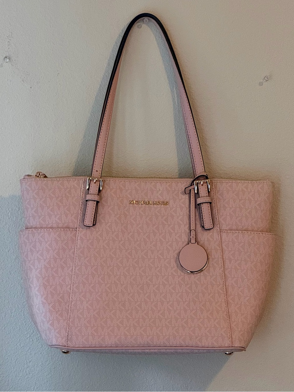 light pink Michael Kors Jet Set Signature Logo Pocket Tote Bag